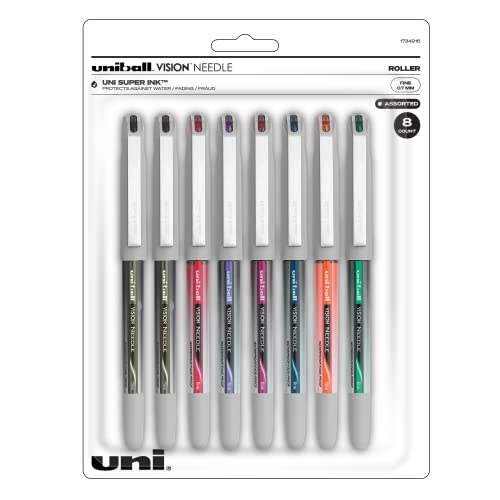 uniball Vision Needle Rollerball Pens with 0.7mm Fine Point, Assorted, 8 Count