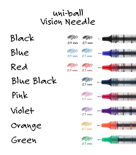 uniball Vision Needle Rollerball Pens with 0.7mm Fine Point, Assorted, 8 Count