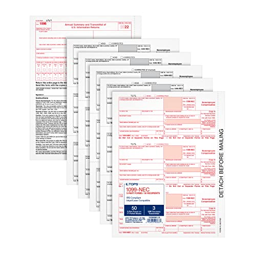 TOPS 1099 NEC 3 Up Forms 2022, 5 Part 1099 Forms, Laser/Inkjet Tax Form Sets for 50 Recipients, Includes 3 1096 Forms, 50 Pack (TX22993NEC-22)