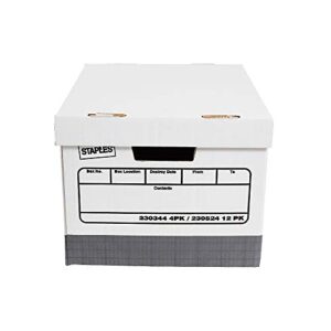 staples heavy-duty storage boxes, top tab, stacking strength 850 lb, white/gray, 9 3/4″h x 12″w x 15″d, 4/ct