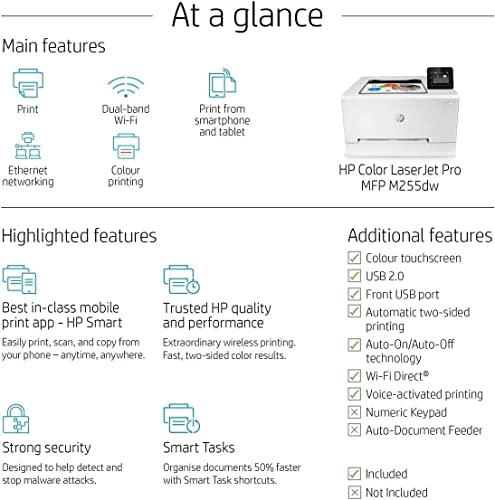 HP Color Laserjet Pro M255dw Single-Function Wireless Laser Printer, White - Print only - 2.7" Color Touchscreen, 22 ppm, 600 x 600 dpi, 8.5 x 14, Auto Duplex Printing, Ethernet