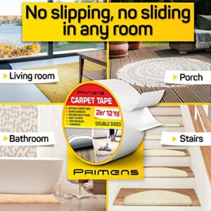 Double Sided Carpet Tape - Rug Grippers Tape for Area Rugs and Hardwood Floors Safe - Carpet Binding Tape Removable, Residue Free, Strong Adhesive and Heavy Duty Stickers Tape, 2 Inch / 12 Yards