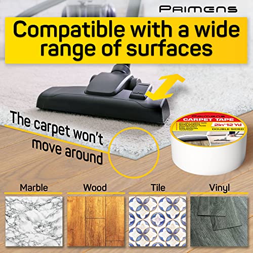 Double Sided Carpet Tape - Rug Grippers Tape for Area Rugs and Hardwood Floors Safe - Carpet Binding Tape Removable, Residue Free, Strong Adhesive and Heavy Duty Stickers Tape, 2 Inch / 12 Yards