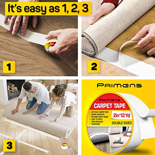 Double Sided Carpet Tape - Rug Grippers Tape for Area Rugs and Hardwood Floors Safe - Carpet Binding Tape Removable, Residue Free, Strong Adhesive and Heavy Duty Stickers Tape, 2 Inch / 12 Yards