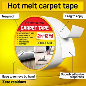 Double Sided Carpet Tape - Rug Grippers Tape for Area Rugs and Hardwood Floors Safe - Carpet Binding Tape Removable, Residue Free, Strong Adhesive and Heavy Duty Stickers Tape, 2 Inch / 12 Yards