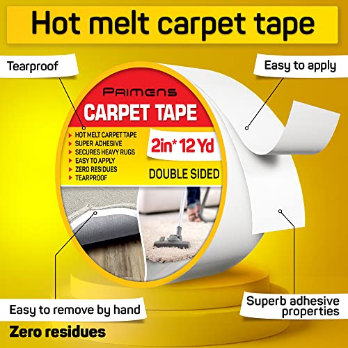 Double Sided Carpet Tape - Rug Grippers Tape for Area Rugs and Hardwood Floors Safe - Carpet Binding Tape Removable, Residue Free, Strong Adhesive and Heavy Duty Stickers Tape, 2 Inch / 12 Yards