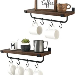 Mkono Mug Holder Wall Mounted Coffee Mug Rack Set of 2 Rustic Floating Shelf for Coffee Bar Accessories Wood Tea Cup Hooks Hanger for Organizing Cooking Utensils, Home Kitchen Decor