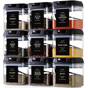 Spice Containers with Labels - 9 Pcs Large Plastic Tea Storage Containers with 148 Spice Labels and 9 Spoons - Square Airtight Spice Containers Set with black Lids for Kitchen Pantry Herbs,Coffee,Seasoning Organization