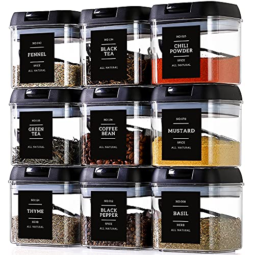 Spice Containers with Labels - 9 Pcs Large Plastic Tea Storage Containers with 148 Spice Labels and 9 Spoons - Square Airtight Spice Containers Set with black Lids for Kitchen Pantry Herbs,Coffee,Seasoning Organization