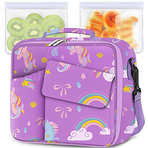 TORRYZA Kids Lunch Bag Expandable Lunch Box for Girls,Boys,Women, Double Insulated with 2 Reusable Storage Bags,Shoulder Strap&Bottle Holder to Cooler Thermal Meal Cute Tote for School Picnic-Unicorn