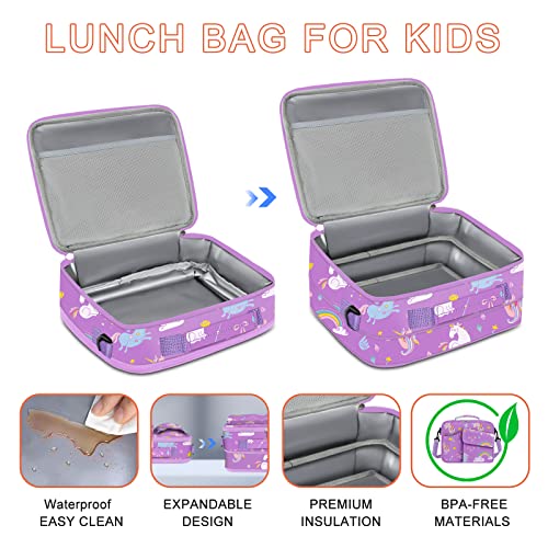 TORRYZA Kids Lunch Bag Expandable Lunch Box for Girls,Boys,Women, Double Insulated with 2 Reusable Storage Bags,Shoulder Strap&Bottle Holder to Cooler Thermal Meal Cute Tote for School Picnic-Unicorn