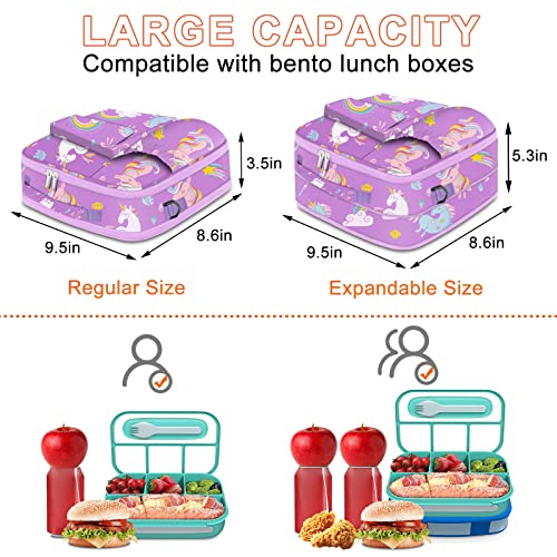 TORRYZA Kids Lunch Bag Expandable Lunch Box for Girls,Boys,Women, Double Insulated with 2 Reusable Storage Bags,Shoulder Strap&Bottle Holder to Cooler Thermal Meal Cute Tote for School Picnic-Unicorn