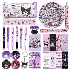 kuromi school supplies gift set, including notebook pencil case pens stickers button pins lanyard keychain ruler bookmarks phone ring holder