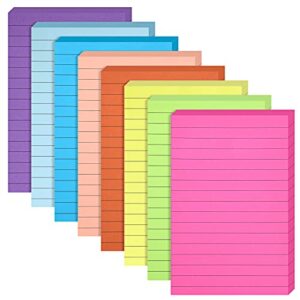 eoout 8 pack lined sticky notes 4×6 inches, bright ruled self-stick pads, colorful super sticking power memo pads, strong adhesive notes for home, office, school, meeting, 45 sheets/pad