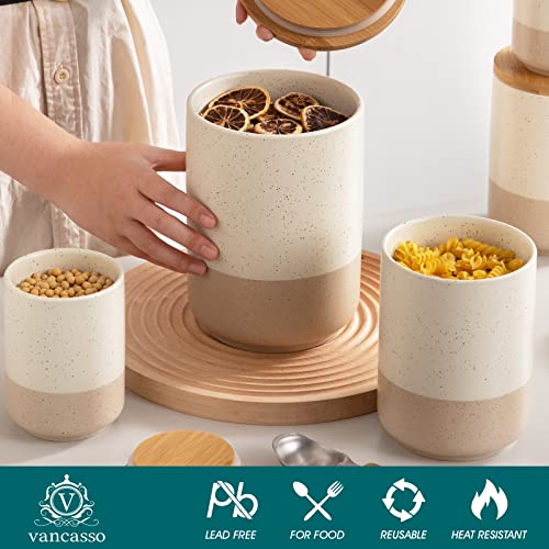 vancasso Sabine Canister Sets for Kitchen Counter, Ceramic Food Storage Jars with Airtight Wood Lids, Large Kitchen Canisters for Coffee, Sugar, Tea, Flour, Spice (Set of 3)