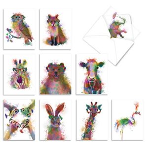 the best card company – 10 mixed animals watercolor greeting cards blank with envelopes, thinking of you thank you notecards set 4 x 5.12, funky rainbow wildlife m4948ocb-b1x10