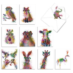 The Best Card Company - 10 Mixed Animals Watercolor Greeting Cards Blank with Envelopes, Thinking of You Thank You Notecards Set 4 x 5.12, Funky Rainbow Wildlife M4948OCB-B1x10