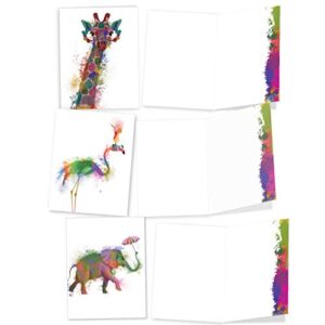 The Best Card Company - 10 Mixed Animals Watercolor Greeting Cards Blank with Envelopes, Thinking of You Thank You Notecards Set 4 x 5.12, Funky Rainbow Wildlife M4948OCB-B1x10