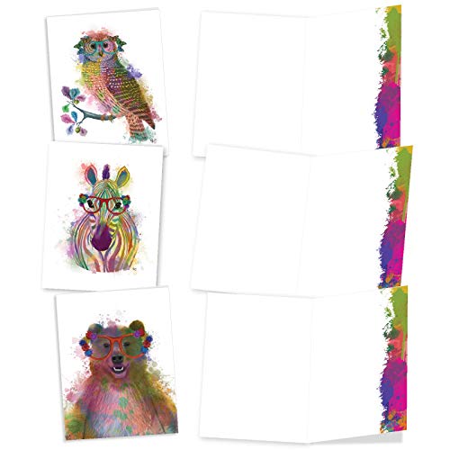 The Best Card Company - 10 Mixed Animals Watercolor Greeting Cards Blank with Envelopes, Thinking of You Thank You Notecards Set 4 x 5.12, Funky Rainbow Wildlife M4948OCB-B1x10