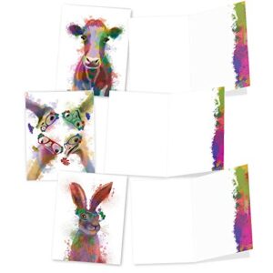 The Best Card Company - 10 Mixed Animals Watercolor Greeting Cards Blank with Envelopes, Thinking of You Thank You Notecards Set 4 x 5.12, Funky Rainbow Wildlife M4948OCB-B1x10