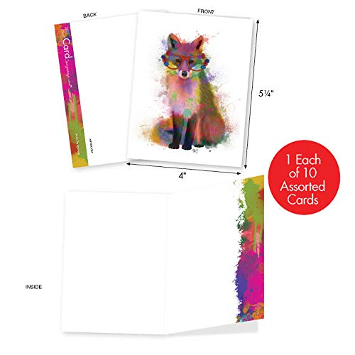 The Best Card Company - 10 Mixed Animals Watercolor Greeting Cards Blank with Envelopes, Thinking of You Thank You Notecards Set 4 x 5.12, Funky Rainbow Wildlife M4948OCB-B1x10