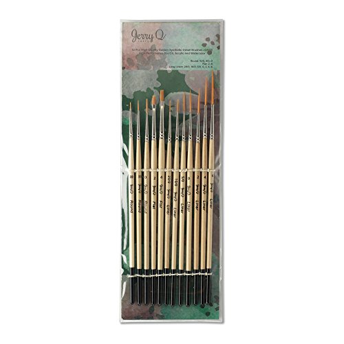 Jerry Q Art 12 Pcs Detail Paint Brushes, Golden Synthetic Hair, High Performance for Oil, Acrylic and Watercolor JQ-503