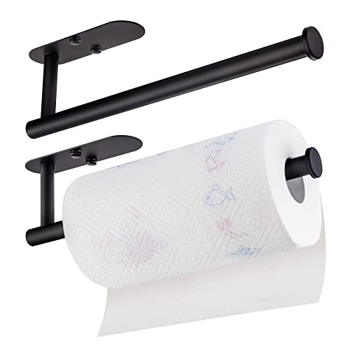 2 Pack Paper Towel Holder Under Cabinet, Self-Adhesive Paper Towel Bar, Paper Towels Rolls Holder Under Counter Wall Mount for Kitchen Bathroom Cabinets Towel Rack Stainless Steel - 13.2''/Black