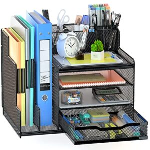vivsol desk organizer with mesh file holder, 4-tier office supplies desk organizers and accessories with sliding drawers, 3 trays & pen holder, desk file organizer and storage for office, school, home