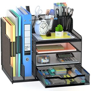 VIVSOL Desk Organizer with Mesh File Holder, 4-Tier Office Supplies Desk Organizers and Accessories with Sliding Drawers, 3 Trays & Pen Holder, Desk File Organizer and Storage for Office, School, Home