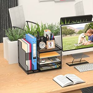 VIVSOL Desk Organizer with Mesh File Holder, 4-Tier Office Supplies Desk Organizers and Accessories with Sliding Drawers, 3 Trays & Pen Holder, Desk File Organizer and Storage for Office, School, Home