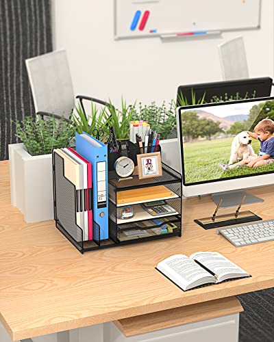 VIVSOL Desk Organizer with Mesh File Holder, 4-Tier Office Supplies Desk Organizers and Accessories with Sliding Drawers, 3 Trays & Pen Holder, Desk File Organizer and Storage for Office, School, Home