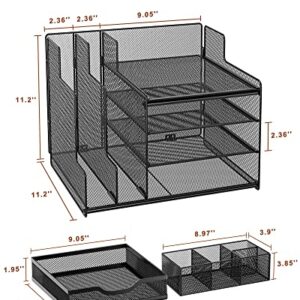 VIVSOL Desk Organizer with Mesh File Holder, 4-Tier Office Supplies Desk Organizers and Accessories with Sliding Drawers, 3 Trays & Pen Holder, Desk File Organizer and Storage for Office, School, Home