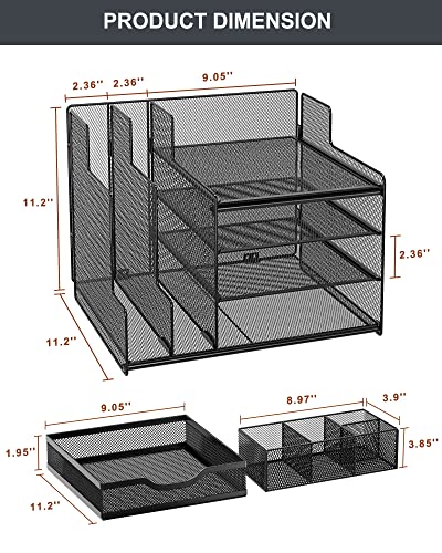 VIVSOL Desk Organizer with Mesh File Holder, 4-Tier Office Supplies Desk Organizers and Accessories with Sliding Drawers, 3 Trays & Pen Holder, Desk File Organizer and Storage for Office, School, Home