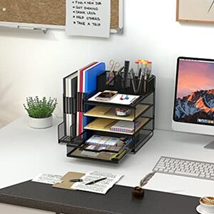 VIVSOL Desk Organizer with Mesh File Holder, 4-Tier Office Supplies Desk Organizers and Accessories with Sliding Drawers, 3 Trays & Pen Holder, Desk File Organizer and Storage for Office, School, Home