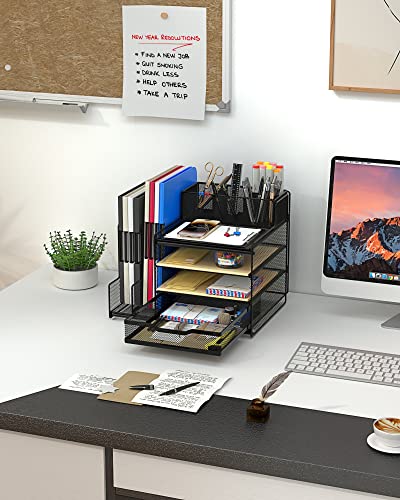 VIVSOL Desk Organizer with Mesh File Holder, 4-Tier Office Supplies Desk Organizers and Accessories with Sliding Drawers, 3 Trays & Pen Holder, Desk File Organizer and Storage for Office, School, Home