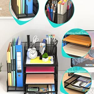 VIVSOL Desk Organizer with Mesh File Holder, 4-Tier Office Supplies Desk Organizers and Accessories with Sliding Drawers, 3 Trays & Pen Holder, Desk File Organizer and Storage for Office, School, Home