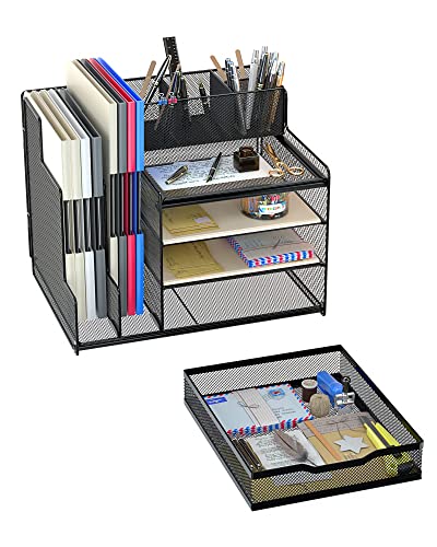 VIVSOL Desk Organizer with Mesh File Holder, 4-Tier Office Supplies Desk Organizers and Accessories with Sliding Drawers, 3 Trays & Pen Holder, Desk File Organizer and Storage for Office, School, Home