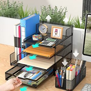 VIVSOL Desk Organizer with Mesh File Holder, 4-Tier Office Supplies Desk Organizers and Accessories with Sliding Drawers, 3 Trays & Pen Holder, Desk File Organizer and Storage for Office, School, Home