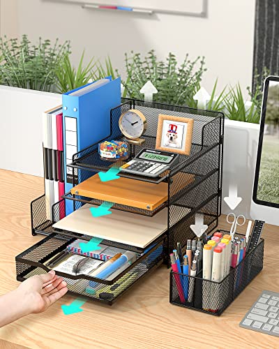 VIVSOL Desk Organizer with Mesh File Holder, 4-Tier Office Supplies Desk Organizers and Accessories with Sliding Drawers, 3 Trays & Pen Holder, Desk File Organizer and Storage for Office, School, Home