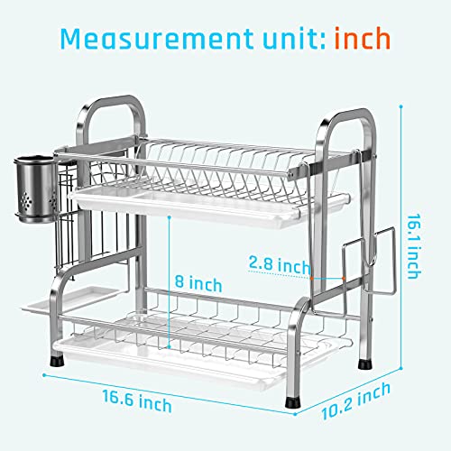 iSPECLE Dish Drying Rack, 304 Stainless Steel 2-Tier Dish Rack with Utensil Holder, Cutting Board Holder and Dish Drainer for Kitchen Counter