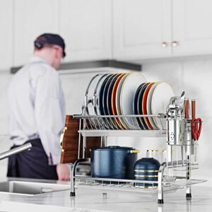 iSPECLE Dish Drying Rack, 304 Stainless Steel 2-Tier Dish Rack with Utensil Holder, Cutting Board Holder and Dish Drainer for Kitchen Counter