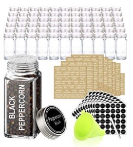 swommoly 66 glass spice jars with 703 spice labels, chalk marker and funnel complete set. 66 square glass jars 4oz, airtight cap, pour/sift shaker lid