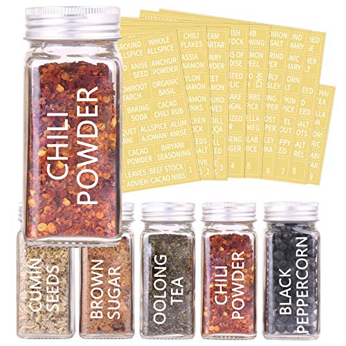 SWOMMOLY 66 Glass Spice Jars with 703 Spice Labels, Chalk Marker and Funnel Complete Set. 66 Square Glass Jars 4oz, Airtight Cap, Pour/sift Shaker Lid