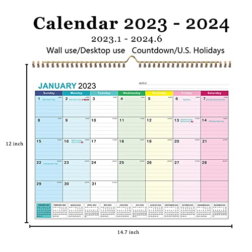 Kyweel Wall Calendar 2023-2024, January 2023-June 2024, 15" x 12", Highlight Holidays, Planning Calendar, Thick Paper