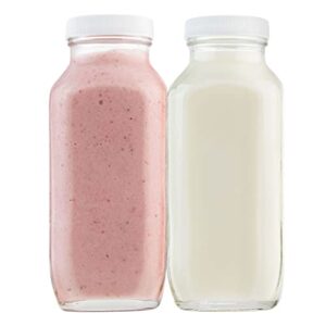kitchentoolz 16oz square glass milk bottle with plastic airtight lids – vintage reusable dairy drinking jars containers for milk, yogurt, smoothies, kefir, kombucha, and water- pack of 2