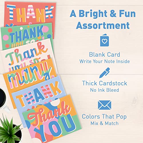 S&O Fun Thank You Cards with Envelopes - Blank Thank You Cards for Handwritten Messages - Thank You Notes with Envelopes Set of 24 - Assorted Thank You Cards with Pop Color Envelopes to Mix & Match