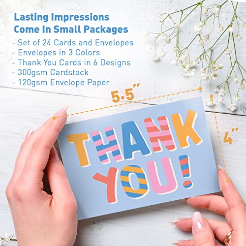 S&O Fun Thank You Cards with Envelopes - Blank Thank You Cards for Handwritten Messages - Thank You Notes with Envelopes Set of 24 - Assorted Thank You Cards with Pop Color Envelopes to Mix & Match