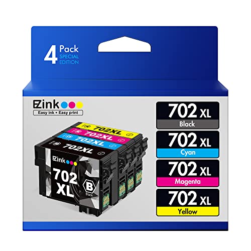 E-Z Ink (TM) Remanufactured Ink Cartridge Replacement for Epson 702XL T702XL 702 T702 to use with Workforce Pro WF-3720 WF-3730 WF-3733 Printer (1 Large Black, 1 Cyan, 1 Magenta, 1 Yellow, 4 Pack)