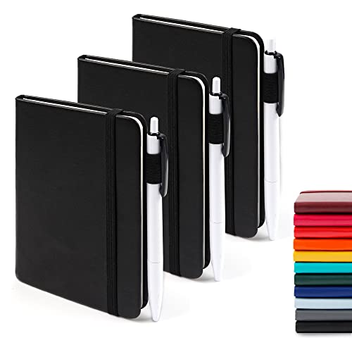 3 Pack Pocket Notebook Journals with 3 Black Pens, Feela A6 Mini Cute Small Journal Notebook Bulk Hardcover College Ruled Notepad with Pen Holder for Office School Supplies, 3.5”x 5.5”, Black