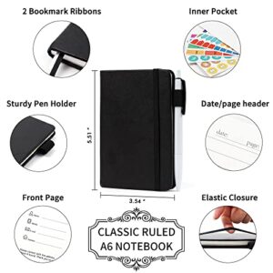 3 Pack Pocket Notebook Journals with 3 Black Pens, Feela A6 Mini Cute Small Journal Notebook Bulk Hardcover College Ruled Notepad with Pen Holder for Office School Supplies, 3.5”x 5.5”, Black